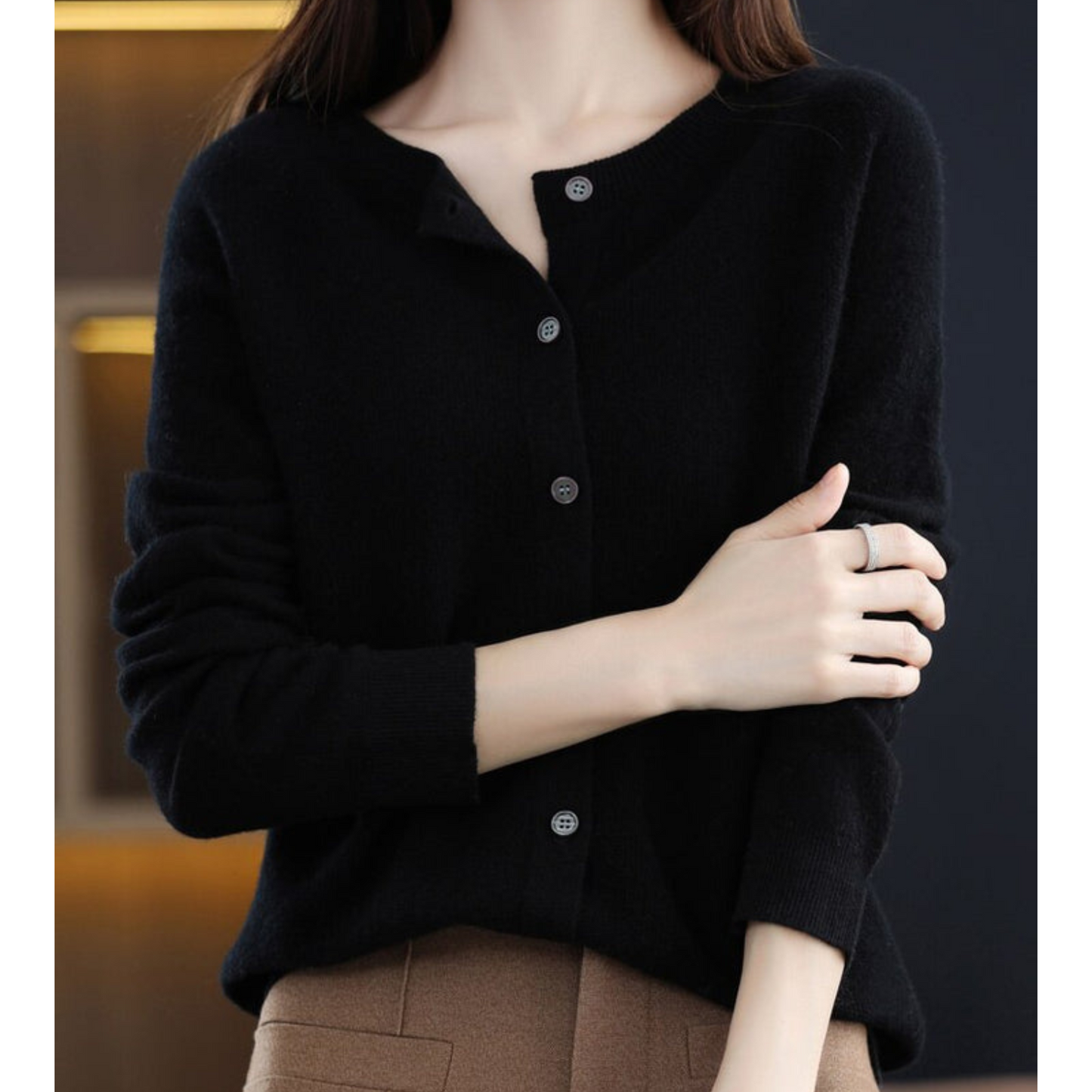 Pure Wool Women's O-neck Cardigan Cashmere Sweater