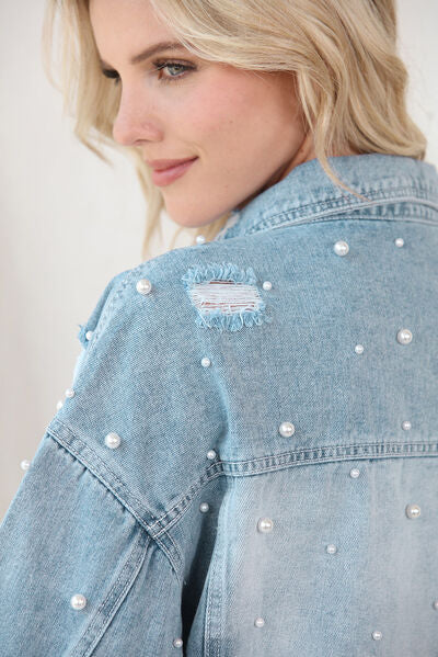 Denim Lira™ | Women's Denim Jacket | Raw Hem, Pearl Trim, Stylish Casual Wear