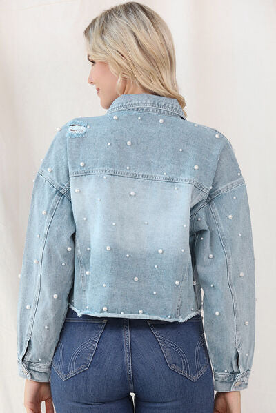 Denim Lira™ | Women's Denim Jacket | Raw Hem, Pearl Trim, Stylish Casual Wear