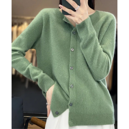 Pure Wool Women's O-neck Cardigan Cashmere Sweater