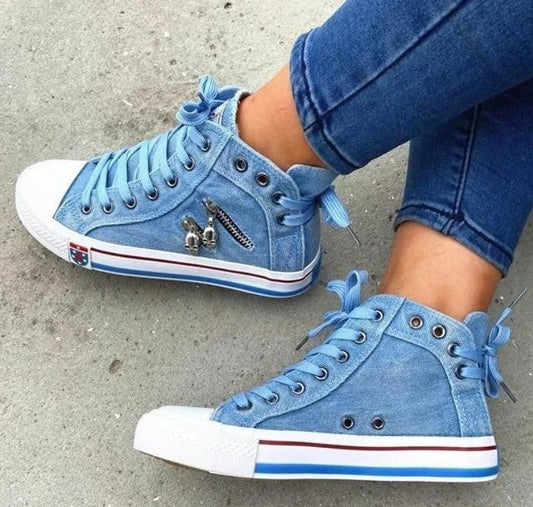 Denim Aura™ | Women's High-Top Sneakers | Denim Fabric, Lace-Up Design, Casual Comfortable Footwear