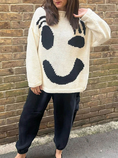 Smiley Knit™ | Women's Colorful Loose Pullover Sweater | Soft Knit Fabric, Fun Smiley Face Design, Relaxed Fit