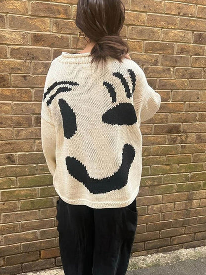 Smiley Knit™ | Women's Colorful Loose Pullover Sweater | Soft Knit Fabric, Fun Smiley Face Design, Relaxed Fit