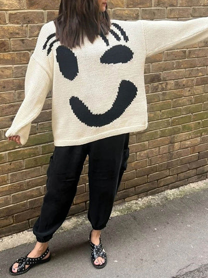 Smiley Knit™ | Women's Colorful Loose Pullover Sweater | Soft Knit Fabric, Fun Smiley Face Design, Relaxed Fit