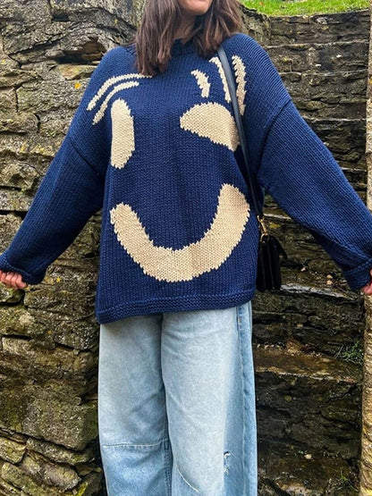 Smiley Knit™ | Women's Colorful Loose Pullover Sweater | Soft Knit Fabric, Fun Smiley Face Design, Relaxed Fit