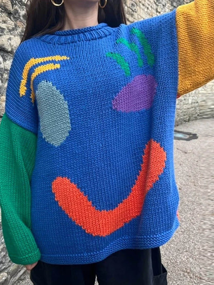 Smiley Knit™ | Women's Colorful Loose Pullover Sweater | Soft Knit Fabric, Fun Smiley Face Design, Relaxed Fit