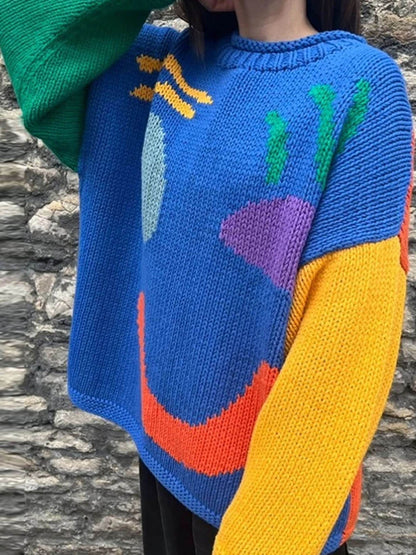 Smiley Knit™ | Women's Colorful Loose Pullover Sweater | Soft Knit Fabric, Fun Smiley Face Design, Relaxed Fit
