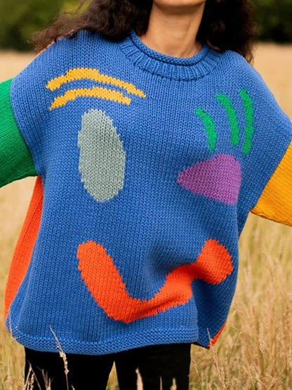 Smiley Knit™ | Women's Colorful Loose Pullover Sweater | Soft Knit Fabric, Fun Smiley Face Design, Relaxed Fit