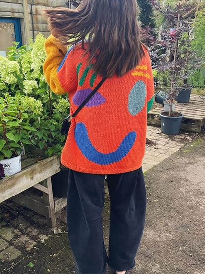 Smiley Knit™ | Women's Colorful Loose Pullover Sweater | Soft Knit Fabric, Fun Smiley Face Design, Relaxed Fit
