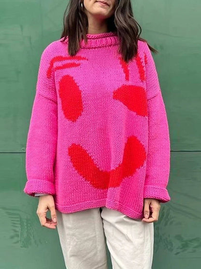 Smiley Knit™ | Women's Colorful Loose Pullover Sweater | Soft Knit Fabric, Fun Smiley Face Design, Relaxed Fit