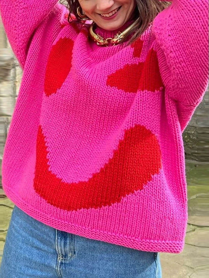Smiley Knit™ | Women's Colorful Loose Pullover Sweater | Soft Knit Fabric, Fun Smiley Face Design, Relaxed Fit