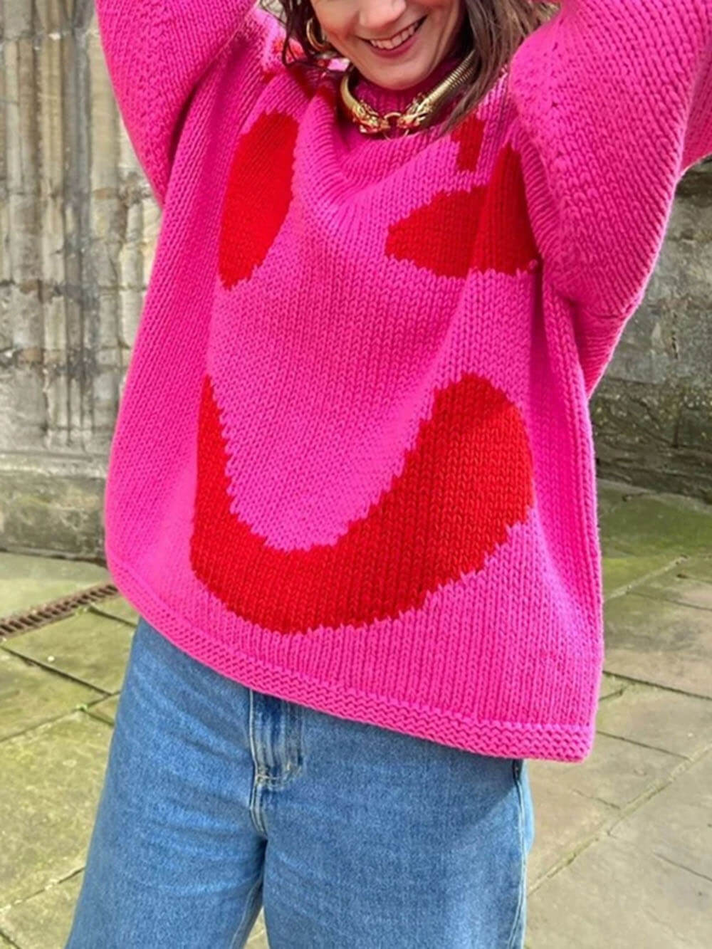 Smiley Knit™ | Women's Colorful Loose Pullover Sweater | Soft Knit Fabric, Fun Smiley Face Design, Relaxed Fit