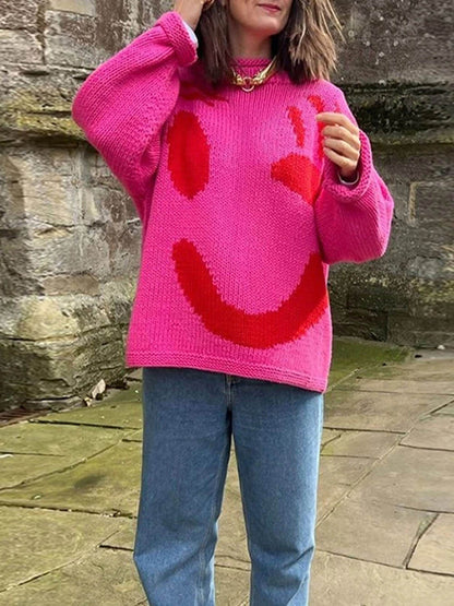 Smiley Knit™ | Women's Colorful Loose Pullover Sweater | Soft Knit Fabric, Fun Smiley Face Design, Relaxed Fit