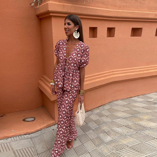 Linen Aura™ | Women's Two-Piece Linen Set | Puff Sleeve Tie-Front Top & High-Waist Wide-Leg Pants