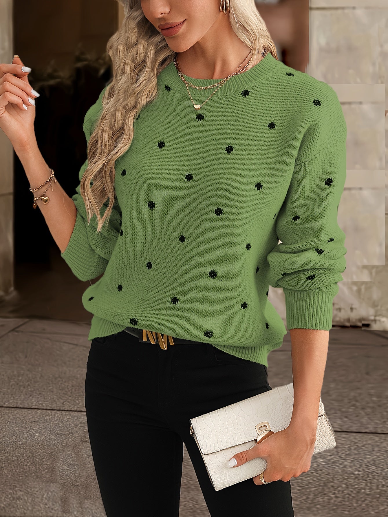 Knit Dotty™ | Women's Knitted Sweater | Crew Neck, Polka Dot Design, Long Sleeve Relaxed Fit