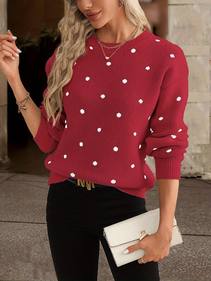 Knit Dotty™ | Women's Knitted Sweater | Crew Neck, Polka Dot Design, Long Sleeve Relaxed Fit