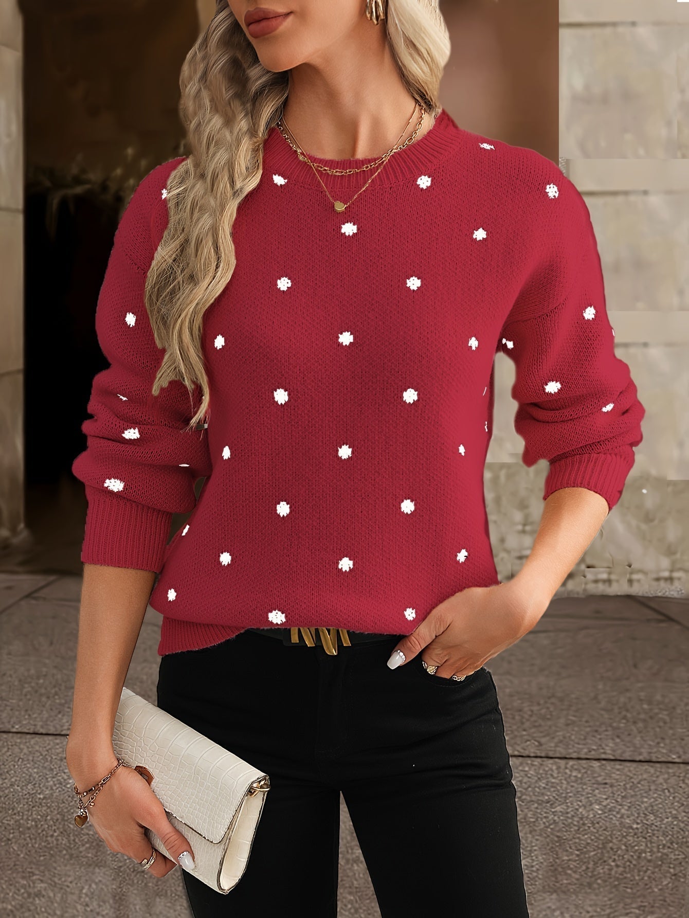 Knit Dotty™ | Women's Knitted Sweater | Crew Neck, Polka Dot Design, Long Sleeve Relaxed Fit