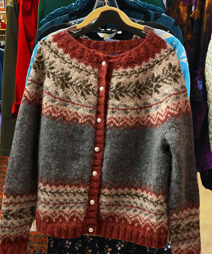 Warm Grey-Red Norwegian Cardigan for Women - Scandinavian Jumper, Cosy Knitwear, Winter Fashion