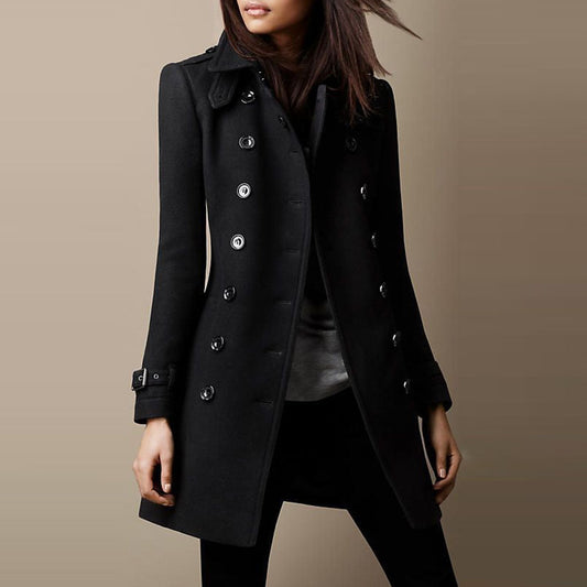 Alverra | Womens Military Style Coat Fitted Long Jacket with Funnel Neck in Green, Black or Royal Blue for Elegant Winter Fashion