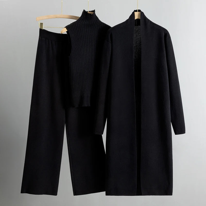 Knit Aura™ | Women's Knitted Sleeveless Top & Cardigan Set | Soft Fabric, Wide Leg Pants, Comfortable Fit