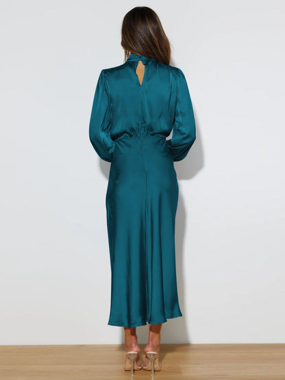 Selviera | Womens Satin Midi Dress with Long Sleeves in Teal, Emerald or Black – Modest Formal Outfit