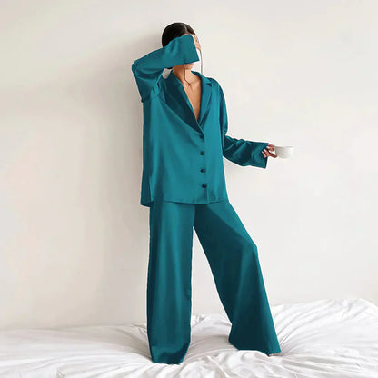 Lounge Bella™ | Women's Lounge Set | Button-Up Shirt & Wide-Leg Pants, Soft Notched Collar, Relaxed Fit