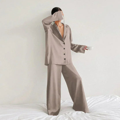 Lounge Bella™ | Women's Lounge Set | Button-Up Shirt & Wide-Leg Pants, Soft Notched Collar, Relaxed Fit
