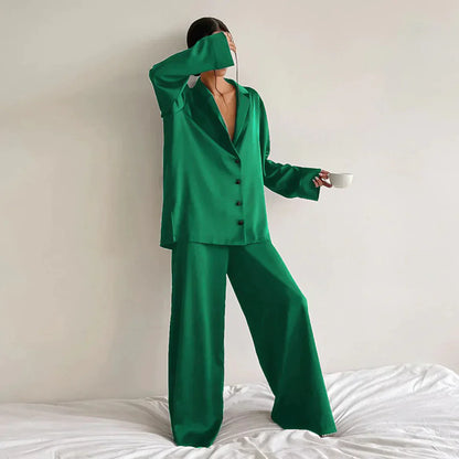 Lounge Bella™ | Women's Lounge Set | Button-Up Shirt & Wide-Leg Pants, Soft Notched Collar, Relaxed Fit