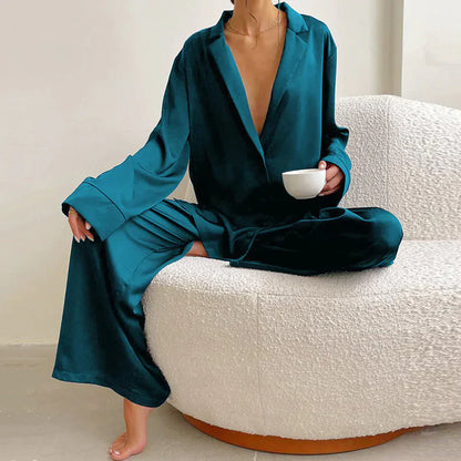 Lounge Bella™ | Women's Lounge Set | Button-Up Shirt & Wide-Leg Pants, Soft Notched Collar, Relaxed Fit