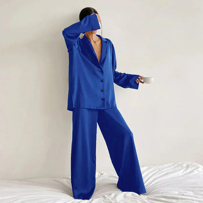 Lounge Bella™ | Women's Lounge Set | Button-Up Shirt & Wide-Leg Pants, Soft Notched Collar, Relaxed Fit