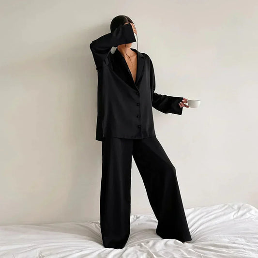 Lounge Bella™ | Women's Lounge Set | Button-Up Shirt & Wide-Leg Pants, Soft Notched Collar, Relaxed Fit