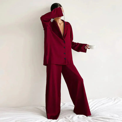 Lounge Bella™ | Women's Lounge Set | Button-Up Shirt & Wide-Leg Pants, Soft Notched Collar, Relaxed Fit