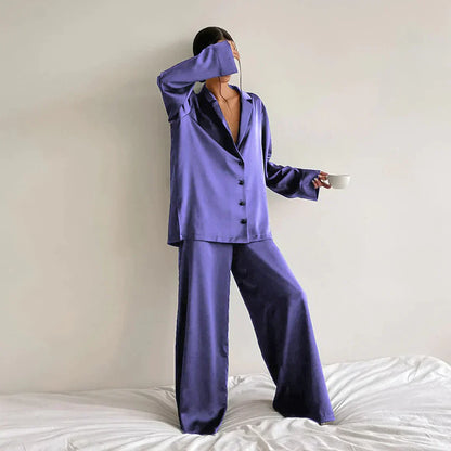 Lounge Bella™ | Women's Lounge Set | Button-Up Shirt & Wide-Leg Pants, Soft Notched Collar, Relaxed Fit