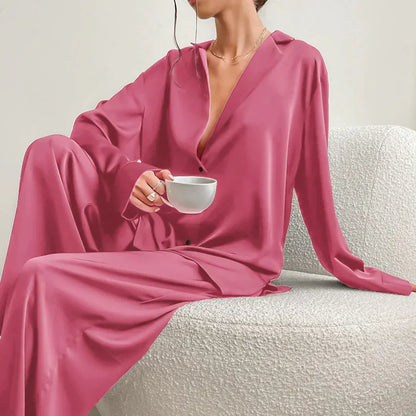 Lounge Bella™ | Women's Lounge Set | Button-Up Shirt & Wide-Leg Pants, Soft Notched Collar, Relaxed Fit