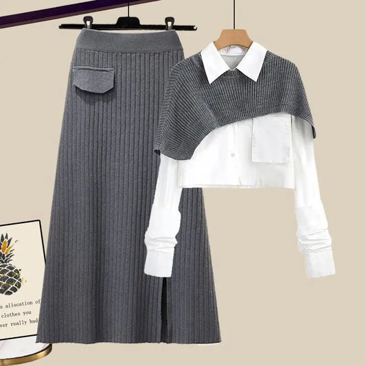 Knit Aline™ | Women's Knit Maxi Skirt Set | Ribbed A-Line Skirt, Layered Shirt & Knit Overlay