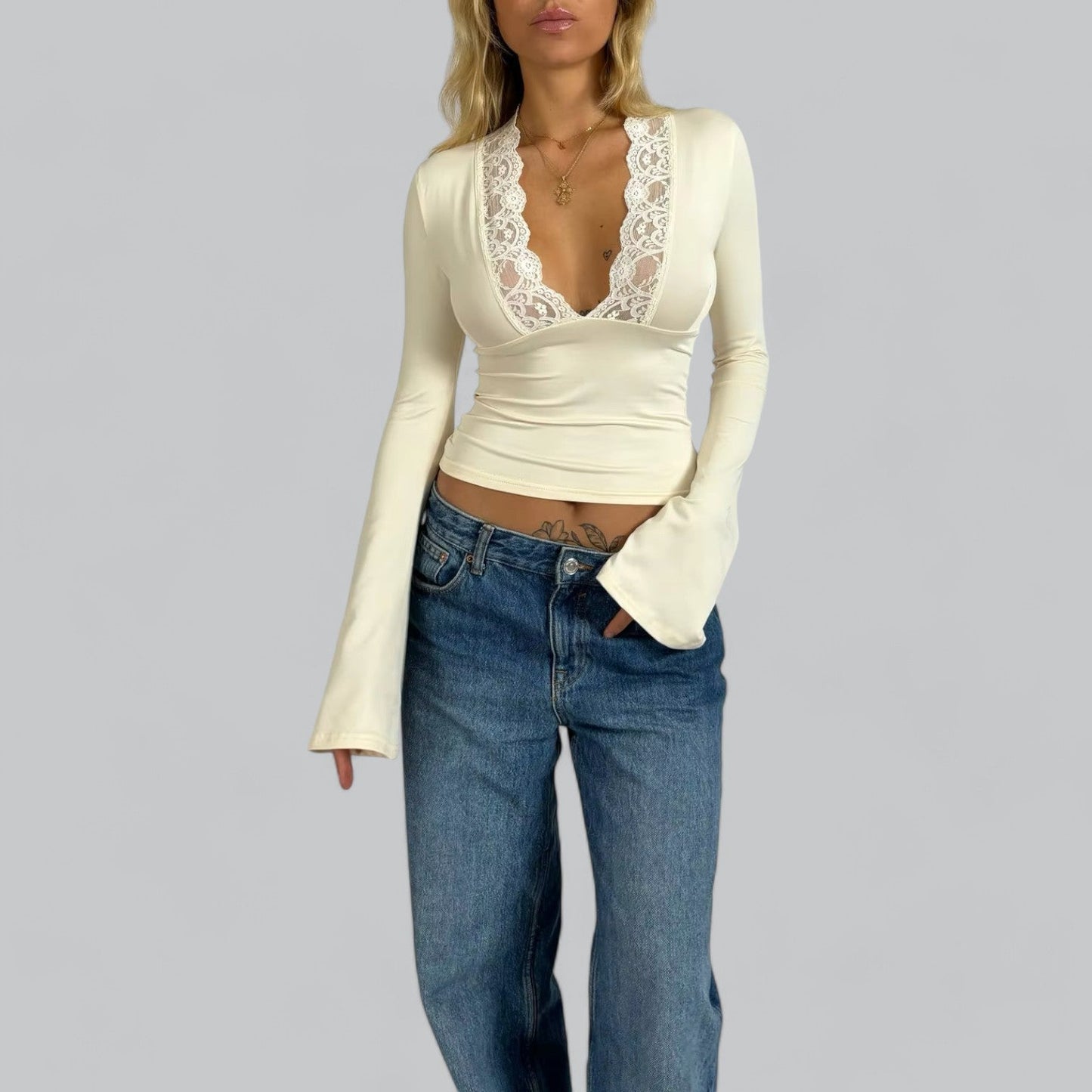 Low-Cut V-Neck Flare Lace Long Sleeve Shirt | Women's Fashion Top, Lightweight, Stylish Design for Everyday Wear