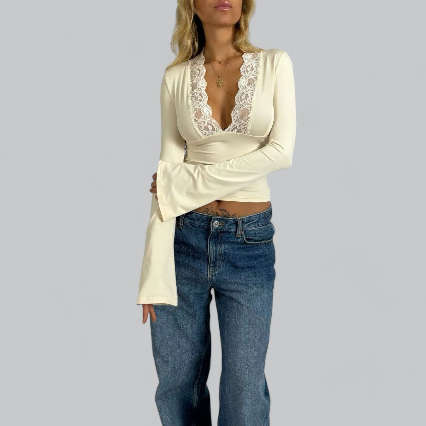 Low-Cut V-Neck Flare Lace Long Sleeve Shirt | Women's Fashion Top, Lightweight, Stylish Design for Everyday Wear
