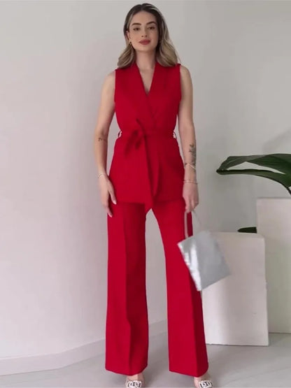 Blazer Elise™ | Women's Sleeveless Blazer Suit | Tailored Fit, V-Neck Design & High-Waisted Trousers with Belted Waist