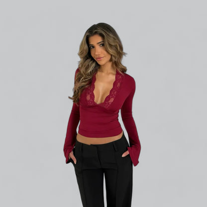Low-Cut V-Neck Flare Lace Long Sleeve Shirt | Women's Fashion Top, Lightweight, Stylish Design for Everyday Wear