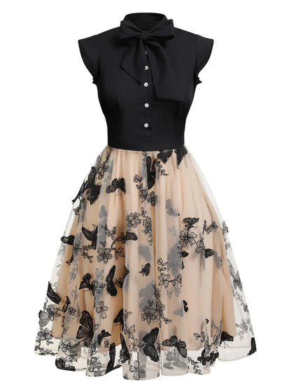 Vintage Belle™ | Women's Black Butterfly Patchwork Dress | Retro Style, Lightweight Fabric & Flattering Fit