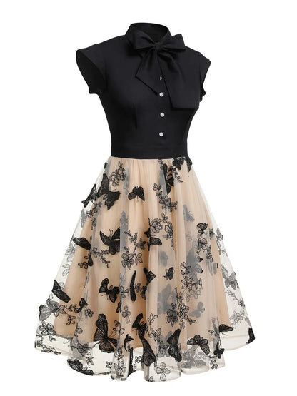 Vintage Belle™ | Women's Black Butterfly Patchwork Dress | Retro Style, Lightweight Fabric & Flattering Fit