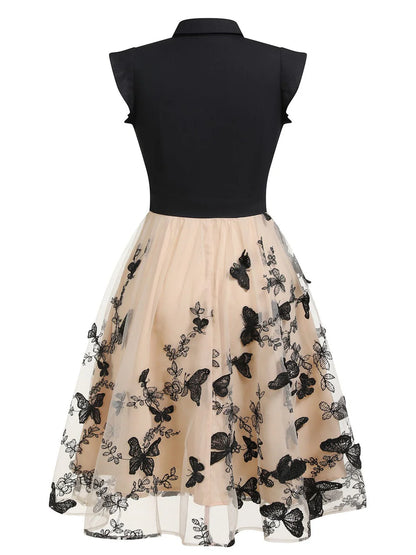 Vintage Belle™ | Women's Black Butterfly Patchwork Dress | Retro Style, Lightweight Fabric & Flattering Fit