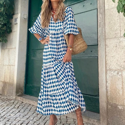 Geo Chic™ | Women's Geometric Print Midi Dress | 100% Cotton, Flattering A-Line Silhouette & Breathable Fabric