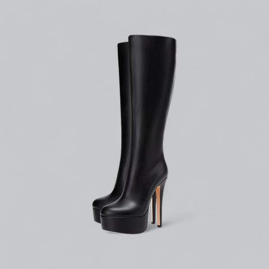 High Knee Leather Barrel Boots | Platform Style, Round Toe Design, Comfortable Fit for Women