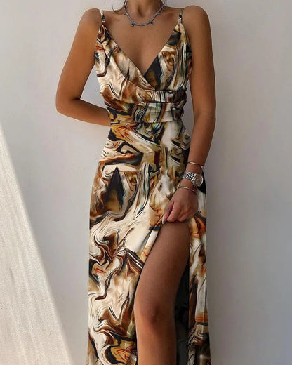 V-Neck Elegance™ | Women's Ruched Slit Dress | Soft Fabric, Deep V-Neck, and Flattering Fit