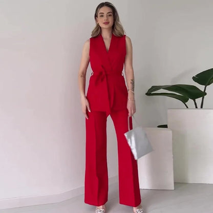 Blazer Elise™ | Women's Sleeveless Blazer Suit | Tailored Fit, V-Neck Design & High-Waisted Trousers with Belted Waist