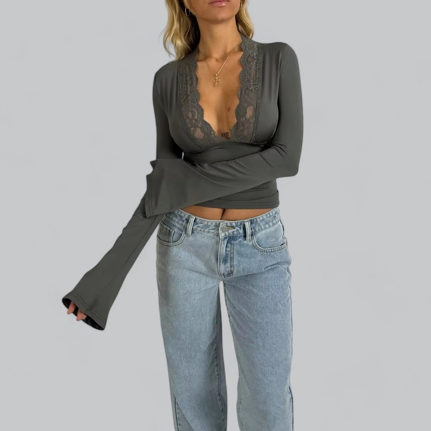 Low-Cut V-Neck Flare Lace Long Sleeve Shirt | Women's Fashion Top, Lightweight, Stylish Design for Everyday Wear