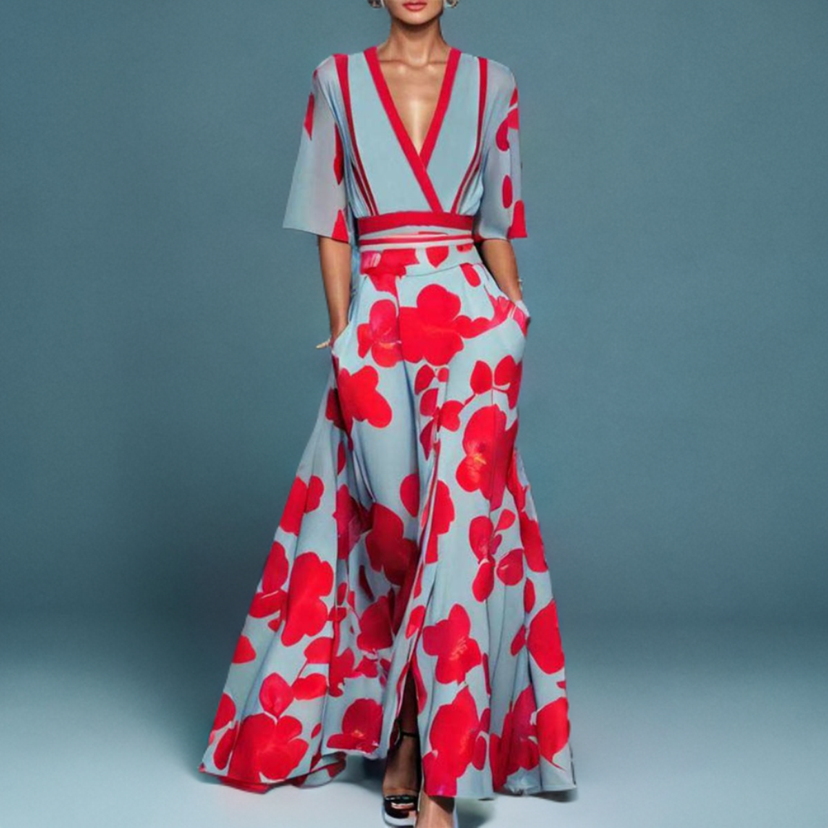 V-Neck Belleza™ | Women's Belted Long Dress | Lightweight Fabric, Flattering Fit & Stylish Design
