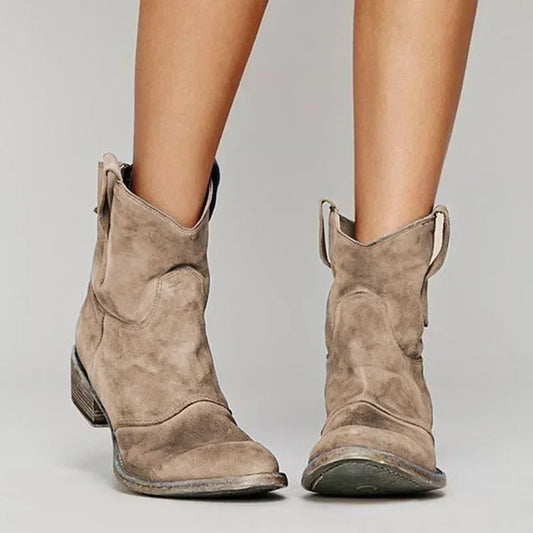Rivara | Womens Western Ankle Cowboy Boots in Suede or Denim Round Toe Low Heel Style