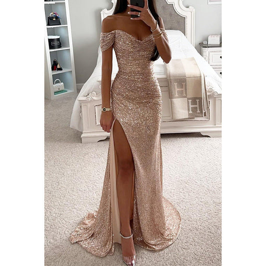 Hilda Dress Off-the-Shoulder Sequin Maxi Dress with Pleats for Women - Evening Wear, Formal Dress, Size Options Available